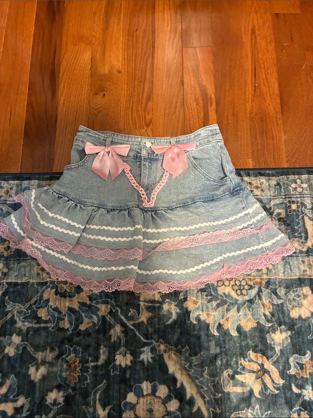 Sweet society denim Mini Skirt with Pink Ribbon & Lace Trim